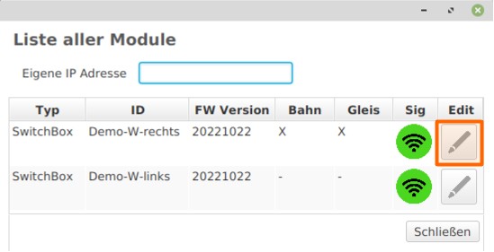 Einstellungen - Konfigurator - Liste aller Module