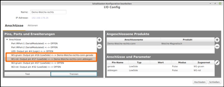 Konfiguration Weichenmodul Weiche angeschlossen