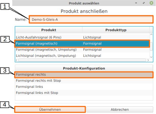 Konfiguration der Weichenmodule: Produkt_anschliessen Formsignal